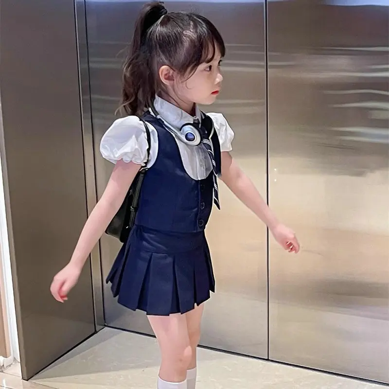 Children\'s Clothing Set Girls Academy Fake Two piece Short sleeved Top+Tie+Pleated Skirt 3Pcs 2024 Summer New School Uniform