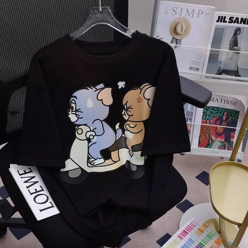 Sommer Cartoon Katze und Maus Druck Baumwolle Neue Kurzarm T-shirts Täglichen Pendeln Sport Y2k Damen Kleidung Übergroßen T-shirt