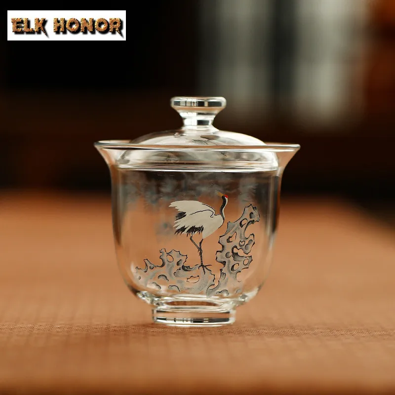 150ml Blue Pine Crane Glass Gaiwan Creative Tea Tureen Tea Bowl with Lid Kit Tea Brewing Cover Bowl Chinese Tea Set Ornaments