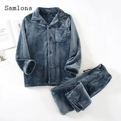 Samlona Mens Casual Plush Two Piece Sets 2024 Winter Homegown Outerwear and Soft Velvet Pants Suit Male Sleep Tracksuits Set New