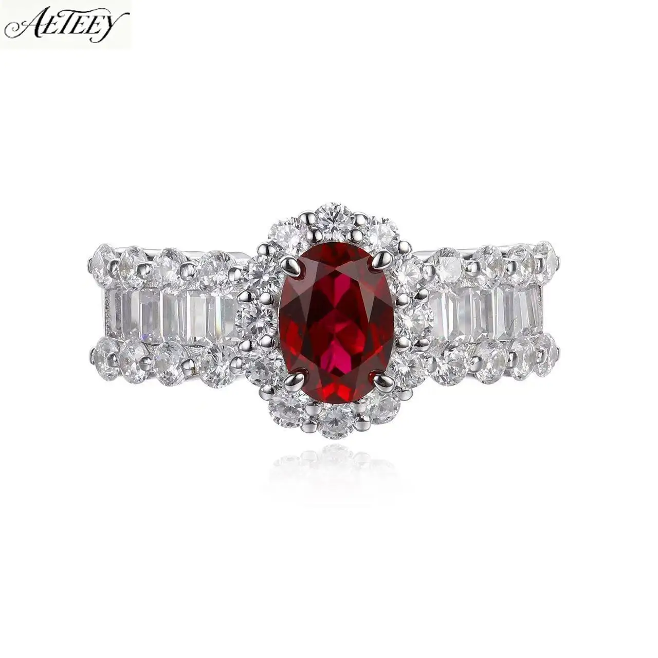AETEEY S925 Sterling Silver 1CT Pigeon Blood Ruby Ring Bamboo Band Square Side Stones Elegant Women Finger Jewelry