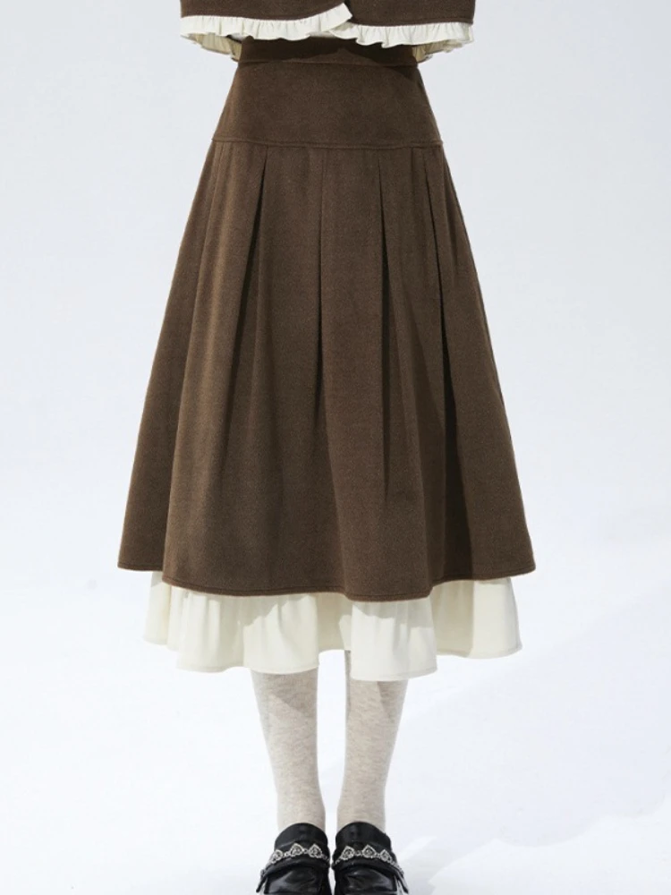 

Japanese Vintage Long Skirts High Waist Patchwork Pleated Contrast Color Skirt Female Slim All Match Design 2025 Women Clothing