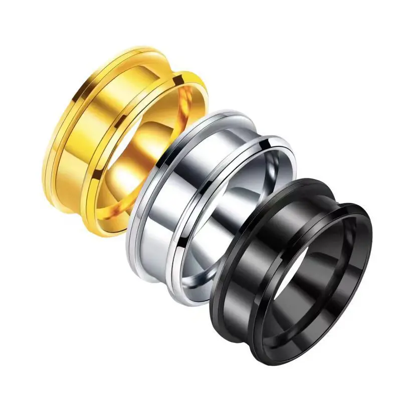 Spark Trendy Stainless Steel 8mm Wide Double Beveled Pit Large Groove Ring Stylish For Men Women Party Banquet Jewelry Gift