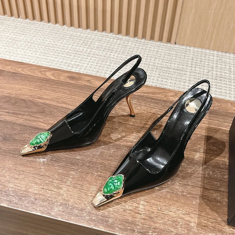 New Spring and Summer Women's High Heels High-end Metal Square Head Patent Leather Stiletto Comfortable Back Sandals