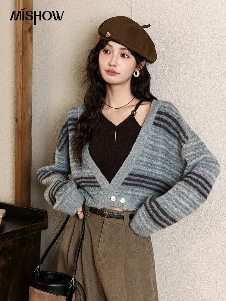 

MISHOW Top Set Stripe Contrast Knitted Cardigan Strap Vest 2024 Autumn Casual Outerwear V-neck Strap Two Piece Set MXD45Z0769