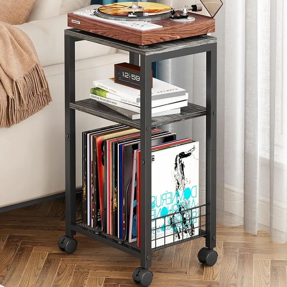 

Small Side Table, 3 Tier Moveable Small End Table, Record Player Stand With Records Shelf, Tall Nightstand For Bedroom, Living