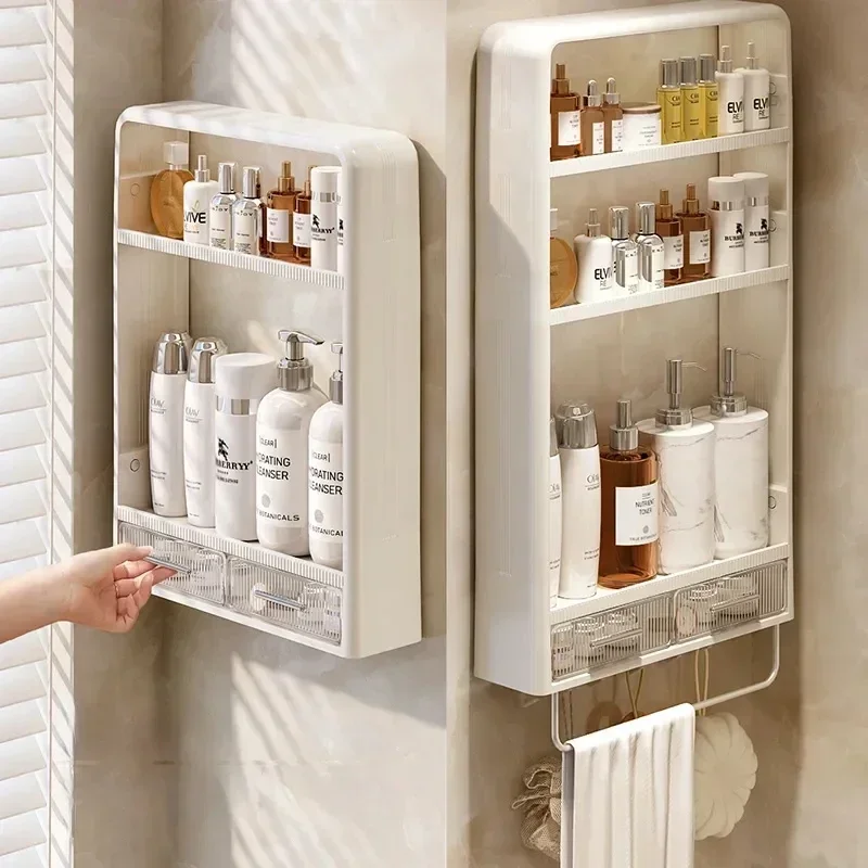 

Bathroom Organizer Shelf Wall Mounted Rack Punch-free Makeup Storage Rack with Hook Toiletries Holder with Drawer Home Organizer