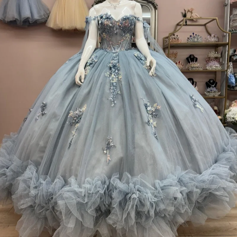 

Блестящее синее платье Quinceanera с открытыми плечами, 3D цветок, блестящая наклейка с длинным хвостом, платья de 15, Quinceanera ﻿ Настроить