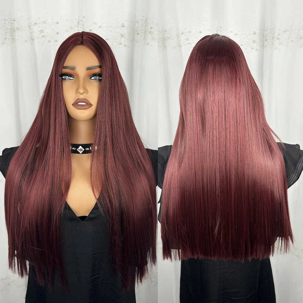 Wine Red High Quality Fancy Glamorous Fashion Long Natural straight Synthetic wig Brown Elegant heat-resistant fiber