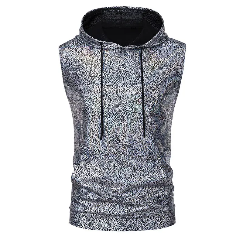 New Men Hot Stamping Hooded Short-sleeved Sports Tank Tops Gold Silver Blue Fashion Singer Stage Performance T-shirt