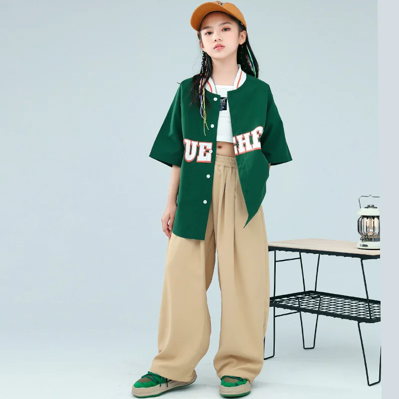 

Girls Hip Hop Clothing Dark Green Oversized Cardigan Baseball Shirt Top Khaki Wide Pants for Kids Boys Dance Costume Clothes