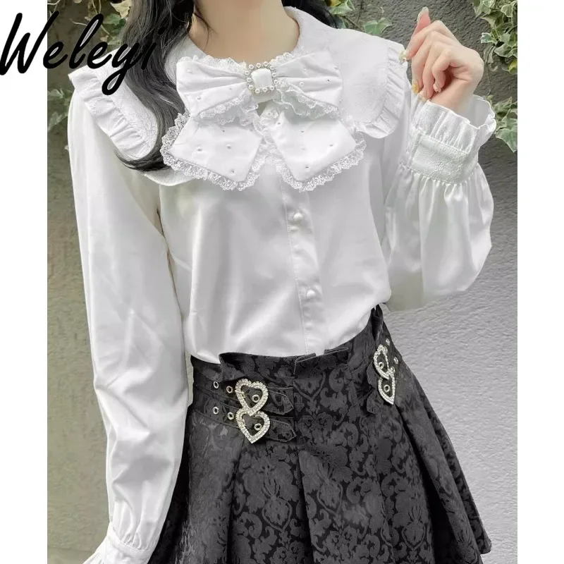 Genuine Goods Clothes Bow Rojita Shirt donna 2024 autunno Cute Mine manica lunga decorazioni con diamanti nastro di perle Bottoming Tops