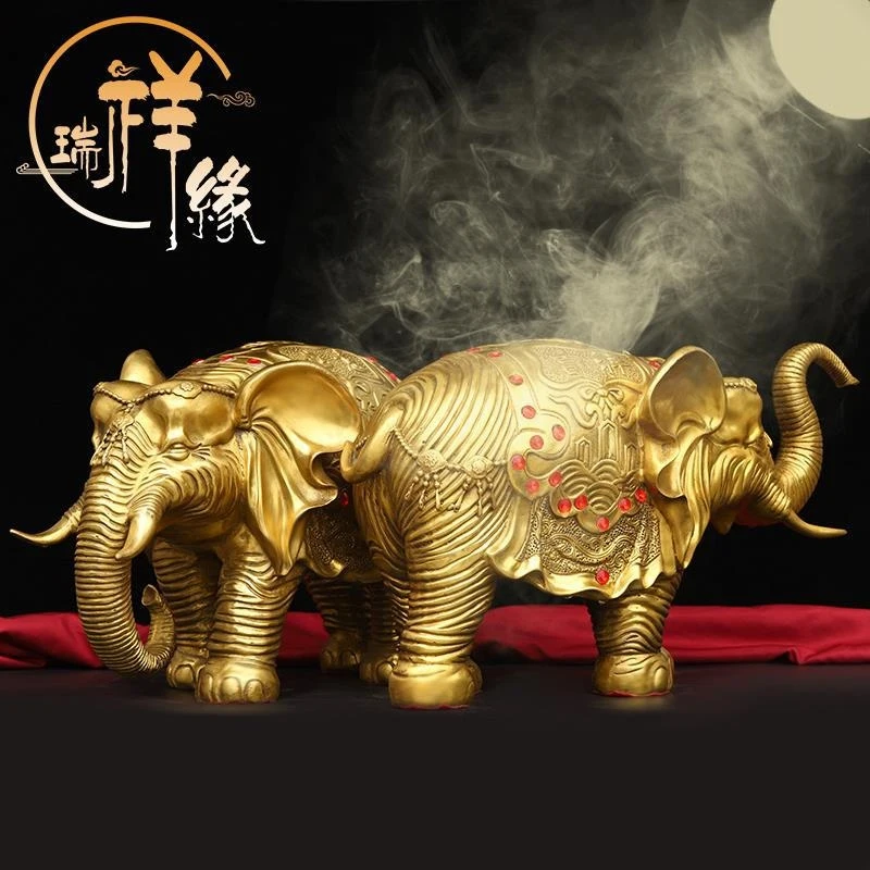 Copper Patterned Pearl Ornament, Auspicious Fortune Elephant Pair, Decorative Piece For Home Living Room, Entryway, Or