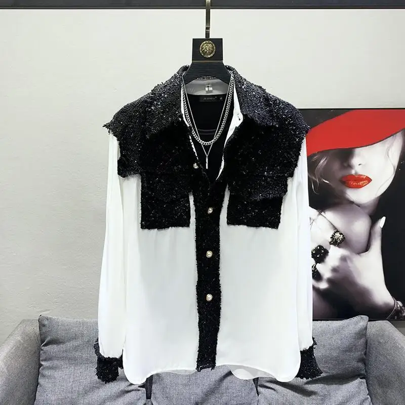 

Fashion Shirt Long-sleeved 2025 Spring and Autumn Casual Loose Temperament Spliced Button Cardigan Contrast Color Top