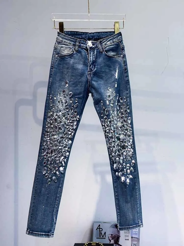 Fashion Rhinestone Jeans Women 2024 Spring Autumn New High Waist Pants Sexy Slimming Stretch Slim Fit Tapered Pants Female