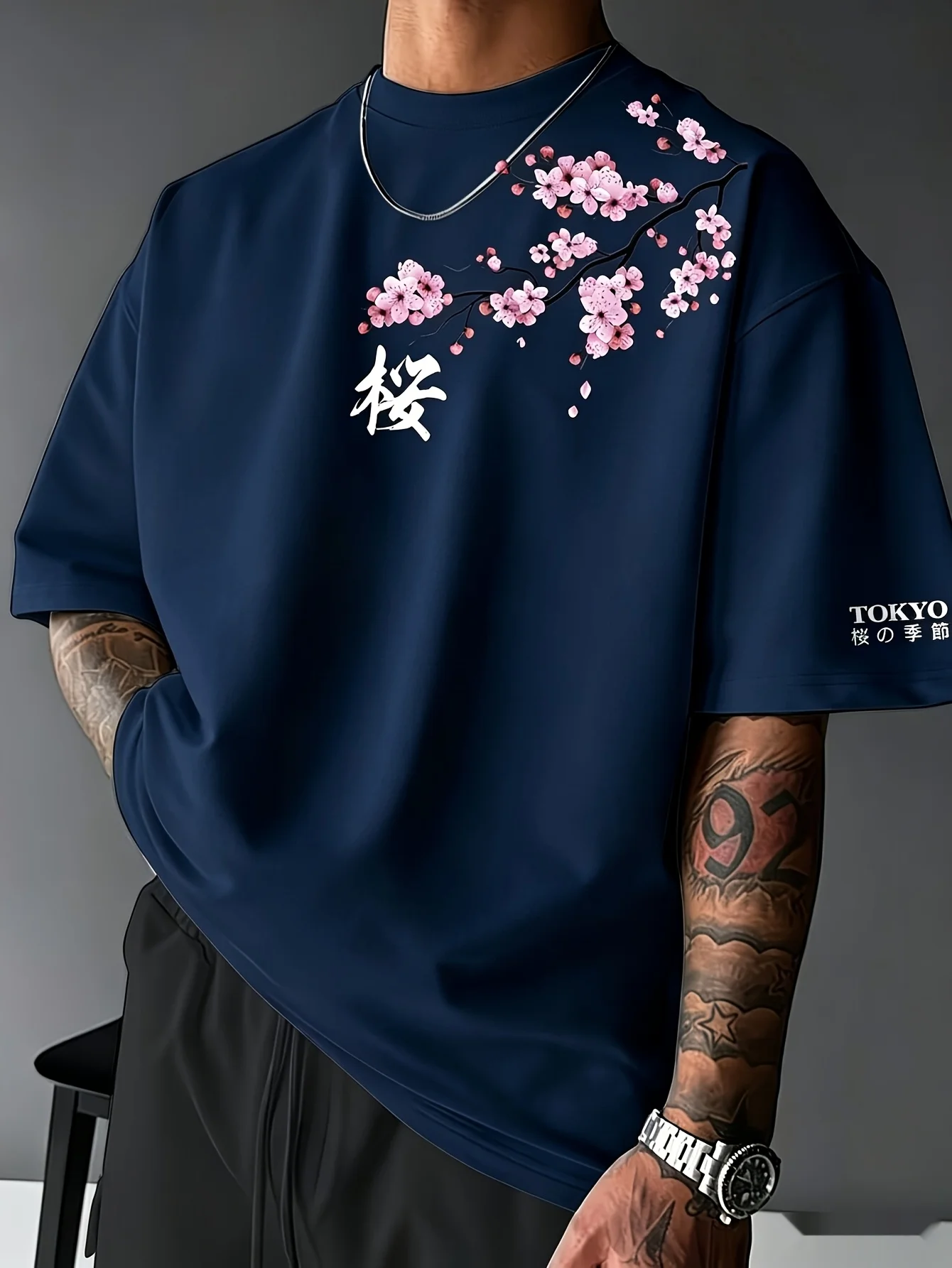 Men 2D Novelty Cherry Blossom Print Short Sleeve T-shirt Round Neck Casual Summer Short Sleeve Top Breathable Material