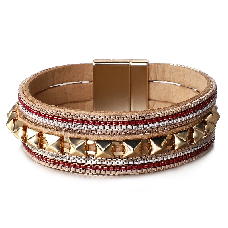 ALLYES Punk Rivet Leather Bracelet for Women Men Fashion Multilayer Chain Metal Beads Wide Wrap Bracelets & Bangle Charm Jewelry