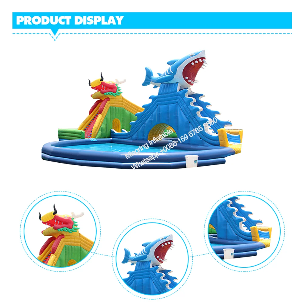 Commercial Mobile Giant Inflatable Ground Dragon and Shark Water Park, Onland Water Slide with Swimming Pool