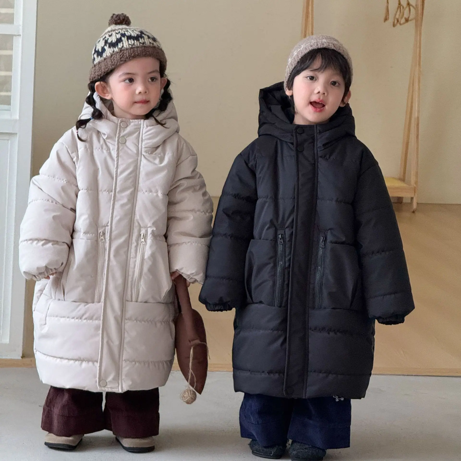 2026 Winter New Children Cotton Padded Jacket Plus Velvet Thick Girls Long Quilted Coat Boys Warm Hooded Jacket Kids Clothes