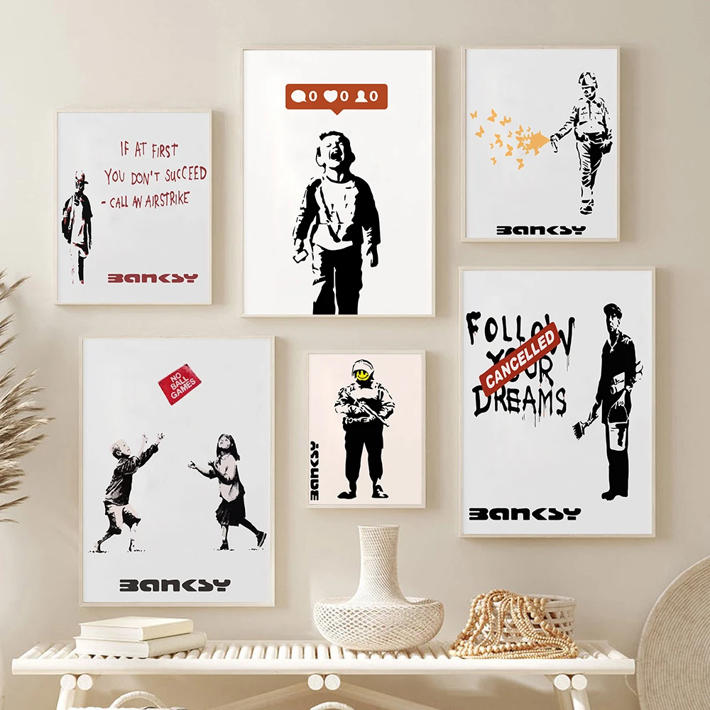 

Banksy Graffiti Street Art Print Modern Urban Irony Painting Butterfly Spray Wall Art Canvas Painting Home Decor Pictures