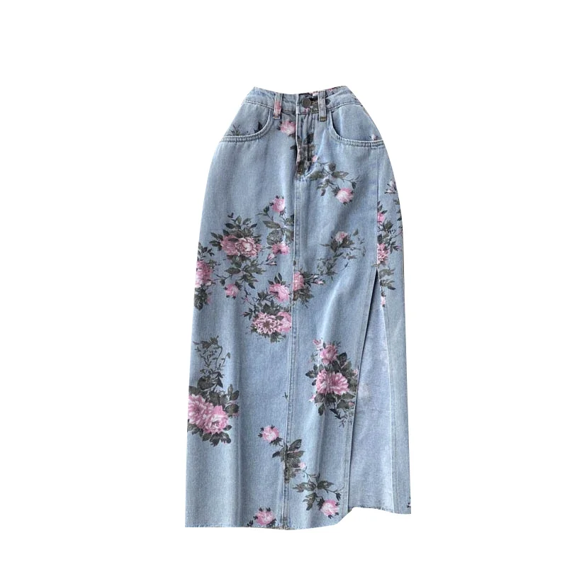 Floral Print Denim Skirt Women 2023 New Summer Autumn Long Jeans Skirt High Waist Sexy Side Split Vintage Party Skirts New