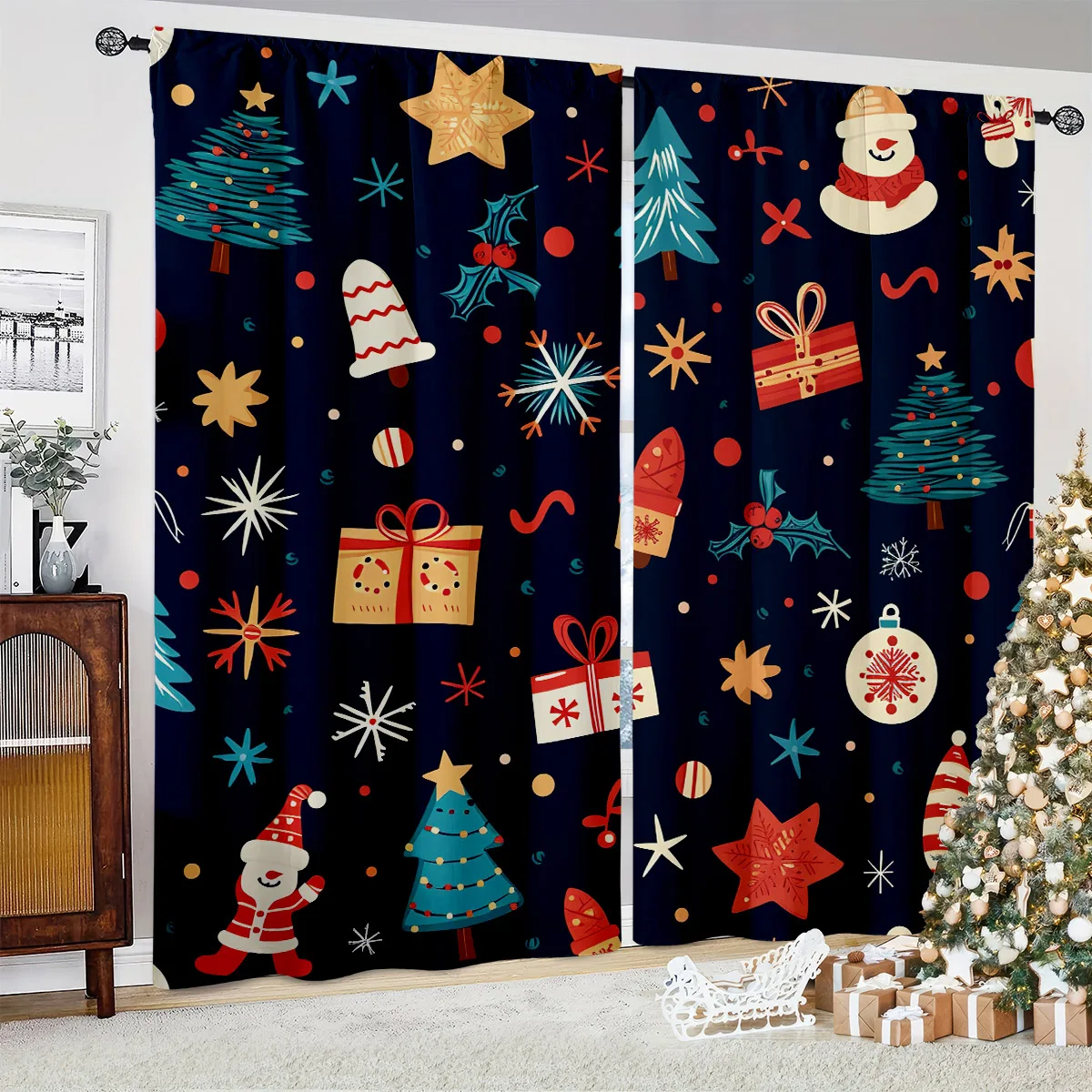 Set Of 2 Curtains With Cute Cartoon Prints—Christmas-Themed Decorative Curtains For Children's Rooms; A Great Gift.