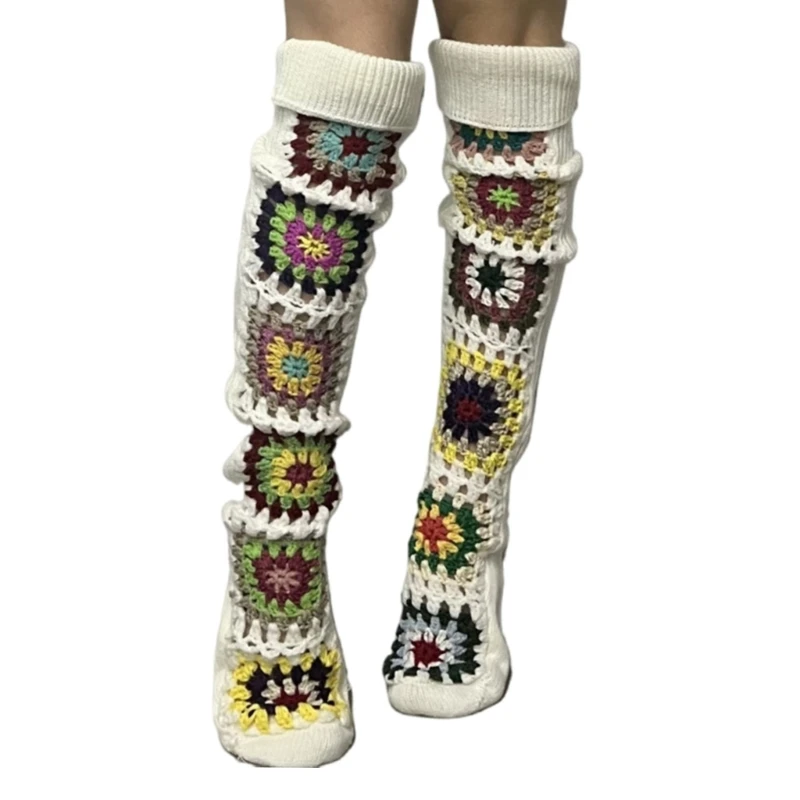 Crochet Knitted Thigh High Stockings Over the Knee Long Tube with Colorful Square Pattern for Women Stretchy Leg Warmers