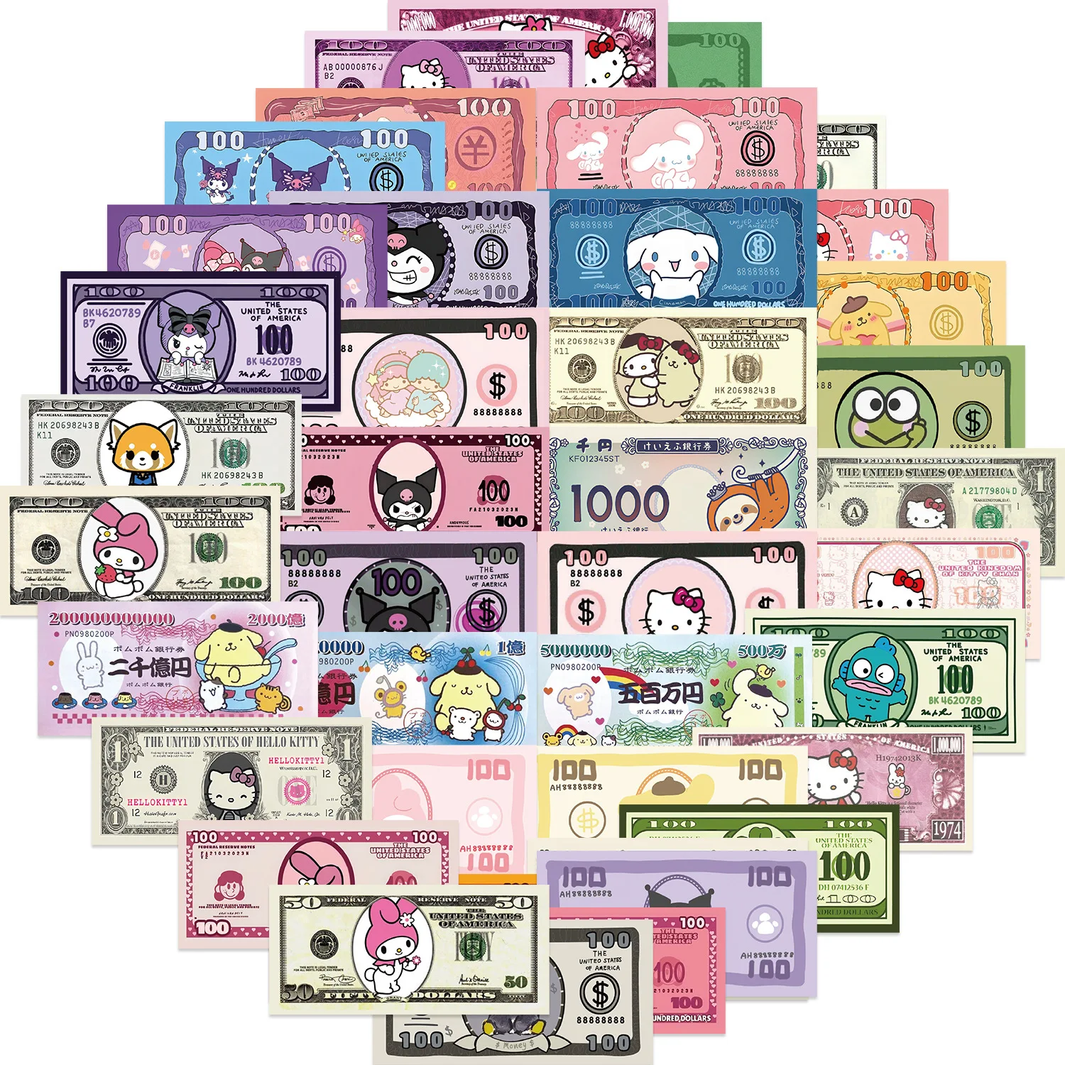 50Pcs Cartoon Sanrio Paper Money Stickers for Car Phone Scrapbook Laptop Decorative Hello Kitty Kuromi Graffiti Decals Gift