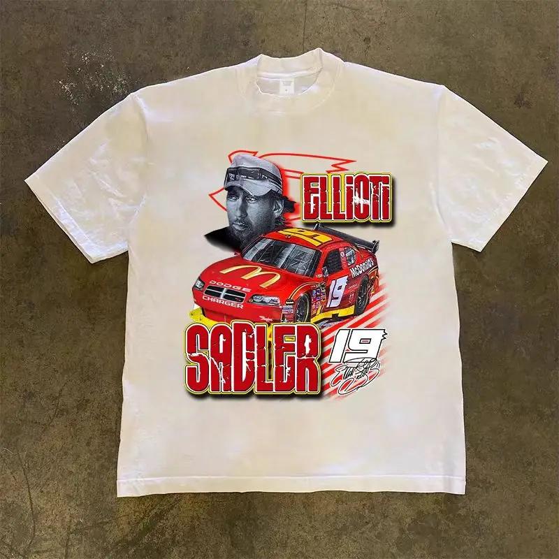 

American Retro Vintage Racing Pattern Cotton Short-sleeved T-shirt High Street Oversize Top Heavy Men and Women Tide