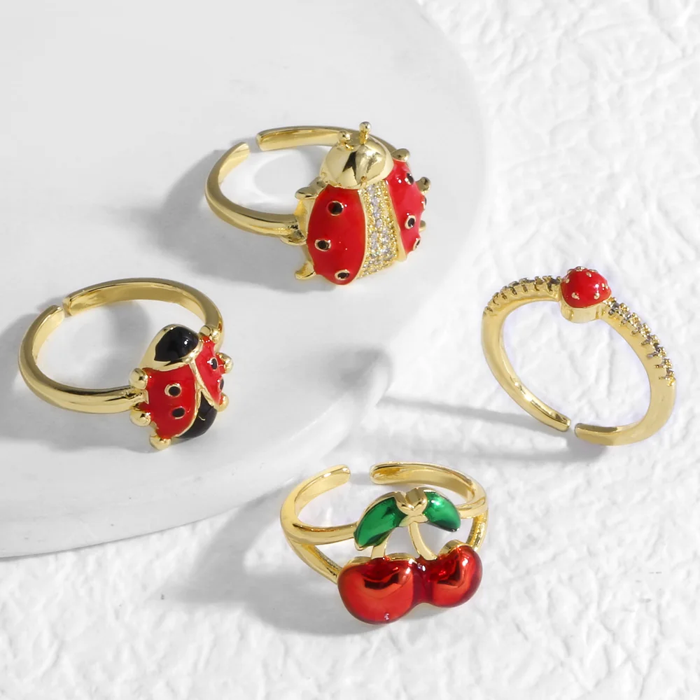 OCESRIO White Crystal Red Enamel Ladybug Statement Women Rings Copper Gold Plated Cherry Ring Women Fashion Jewelry rigs21