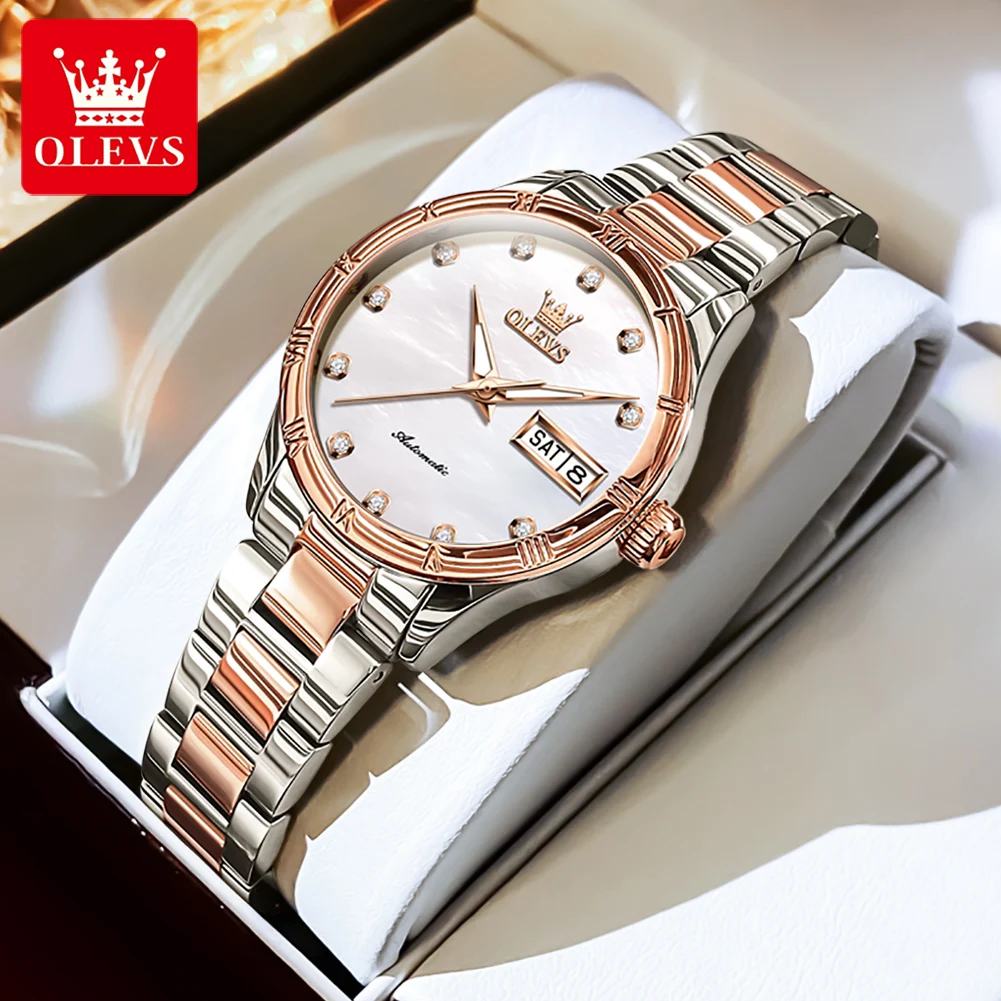 

OLEVS Luxury Stainless Steel Women Mechanical Watches Elegant Minimalist Diamond Calendar Waterproof Ladies Automatic Watch 2024