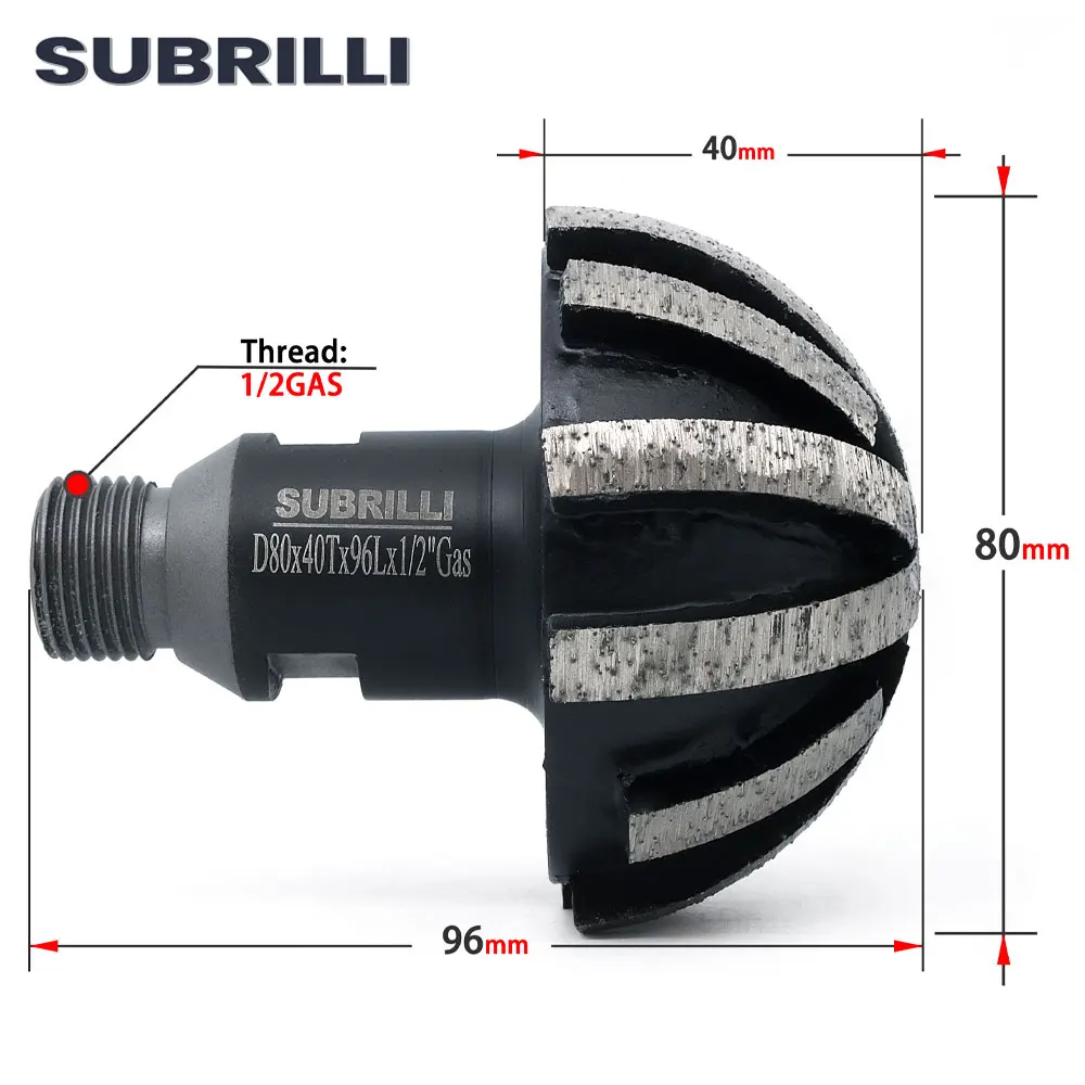 SUBRILLI Diamond Mill Bits Grinding wheel Segmented Ball Head D80mm with 1/2GAS Thread for Granite Quartz Concrete CNC Tool Wet