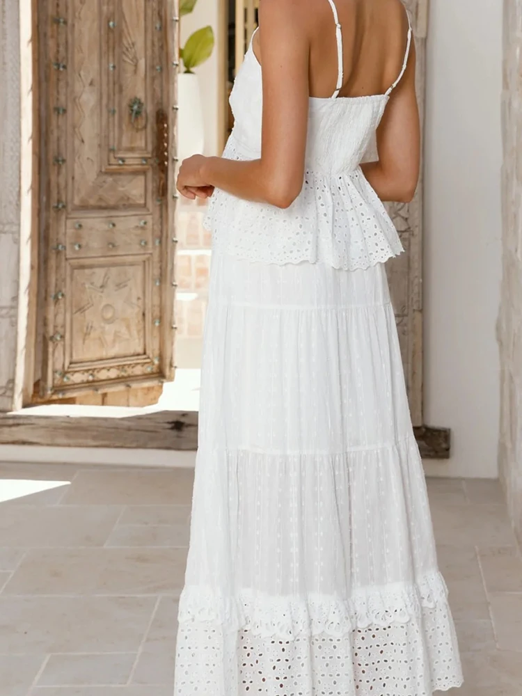 

Bohemian Style Solid Vacation Outfits Sexy V-neck Halter Tank Tops&Half Skirts Sets Fashion Casual Loose Lace Up Skirt Two Piece