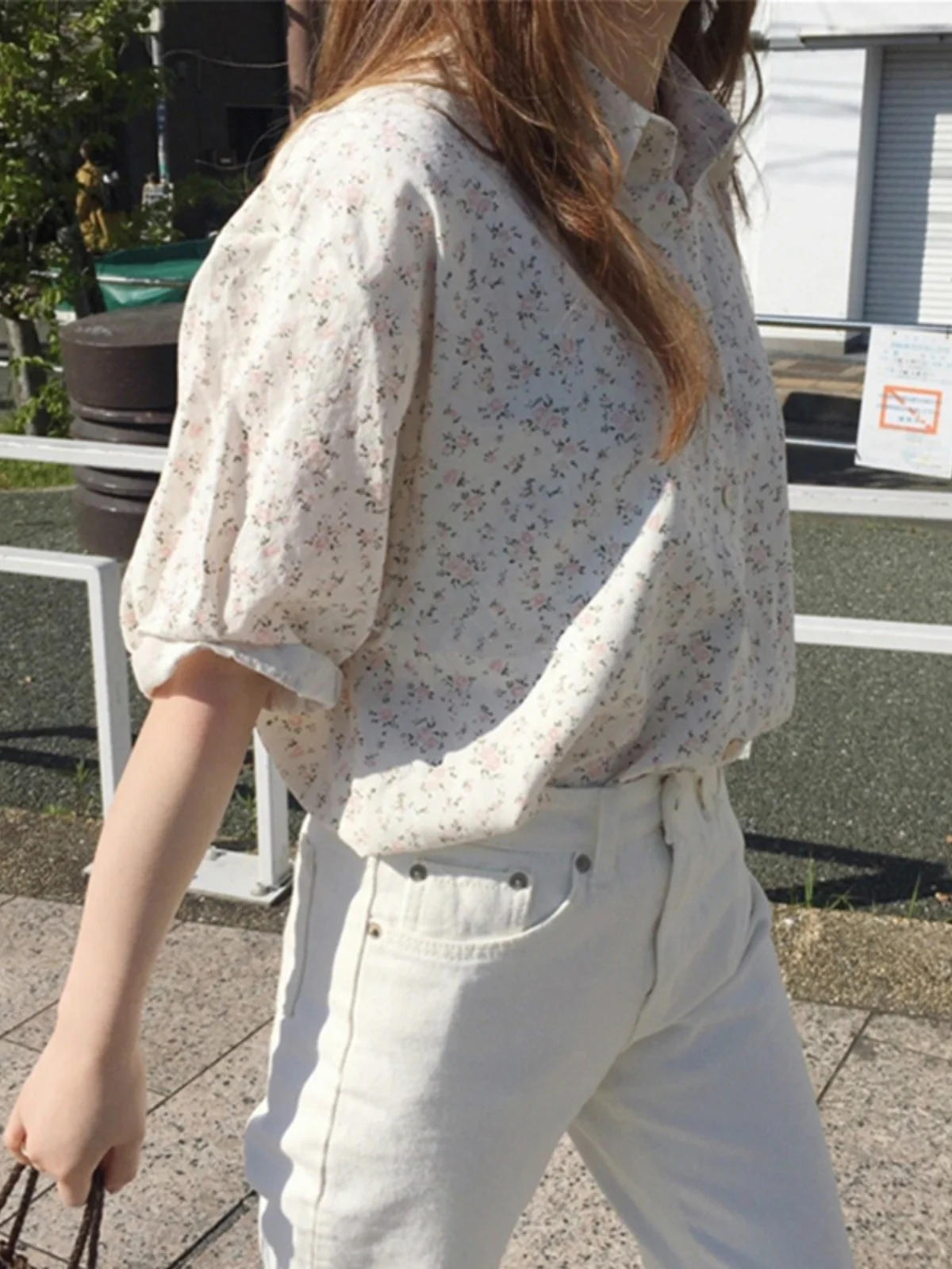 한국 스타일 세련된 꽃 프린트 턴 다운 칼라 반소매 셔츠 여성 여름 다목적 버블 슬리브 탑 신선한 스위트