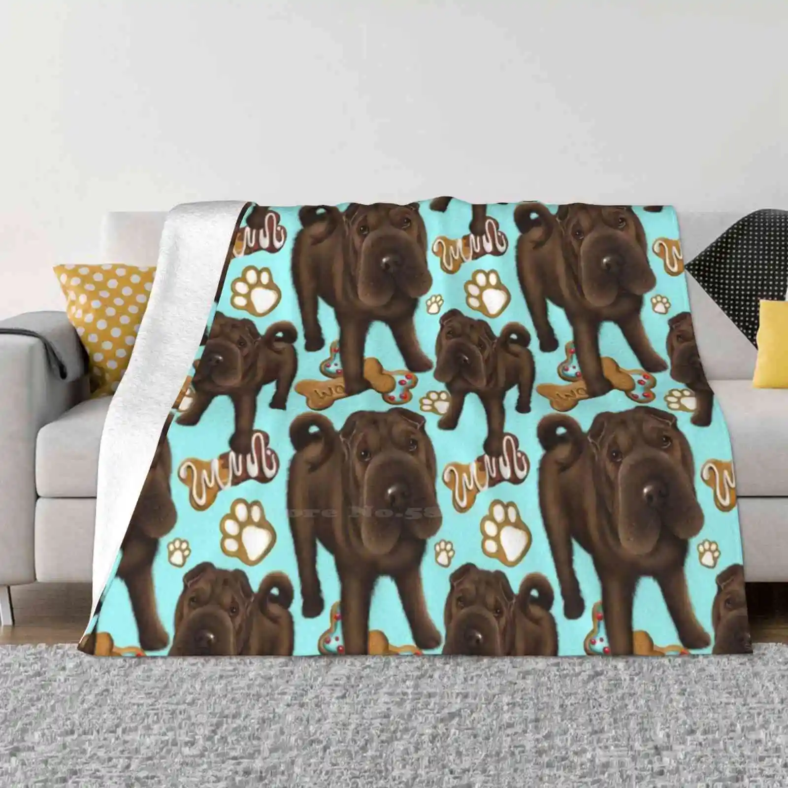 Shar Pei Blue Biscuits Trend Style Funny Fashion Soft Throw Blanket Dog Shar Pei Bone Biscuits Treats Paw Pet