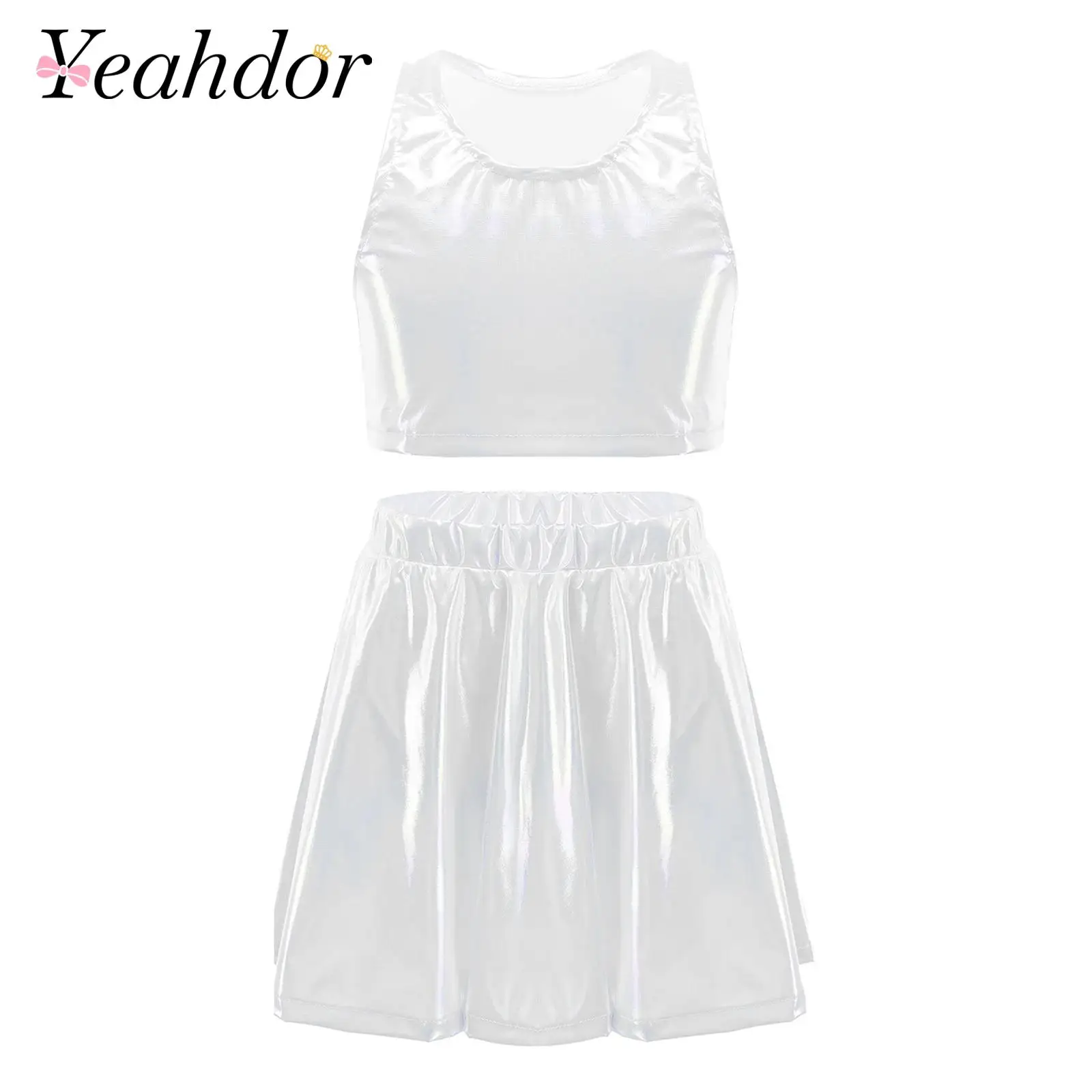 Kids Girls Metallic Jazz Cheer Dance Outfit Sleeveless Crop Top with Skirt Children Hip Hop Clothes Sets Cheerleading Uniforms