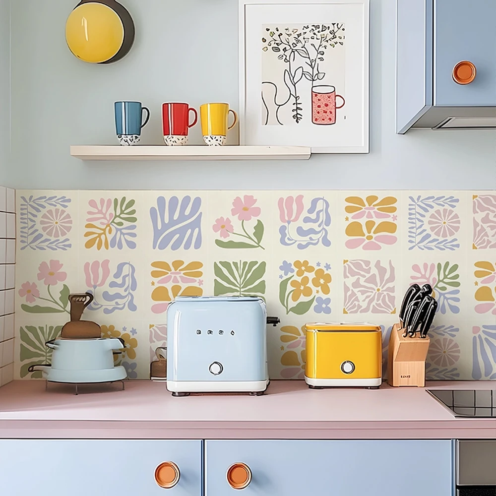 Macaron Matisse Vinyl Wall Tiles Sticker for Home Decor, Self-Adhesive Peel and Stick Backsplash Tile Decals for Kitchen Bathro