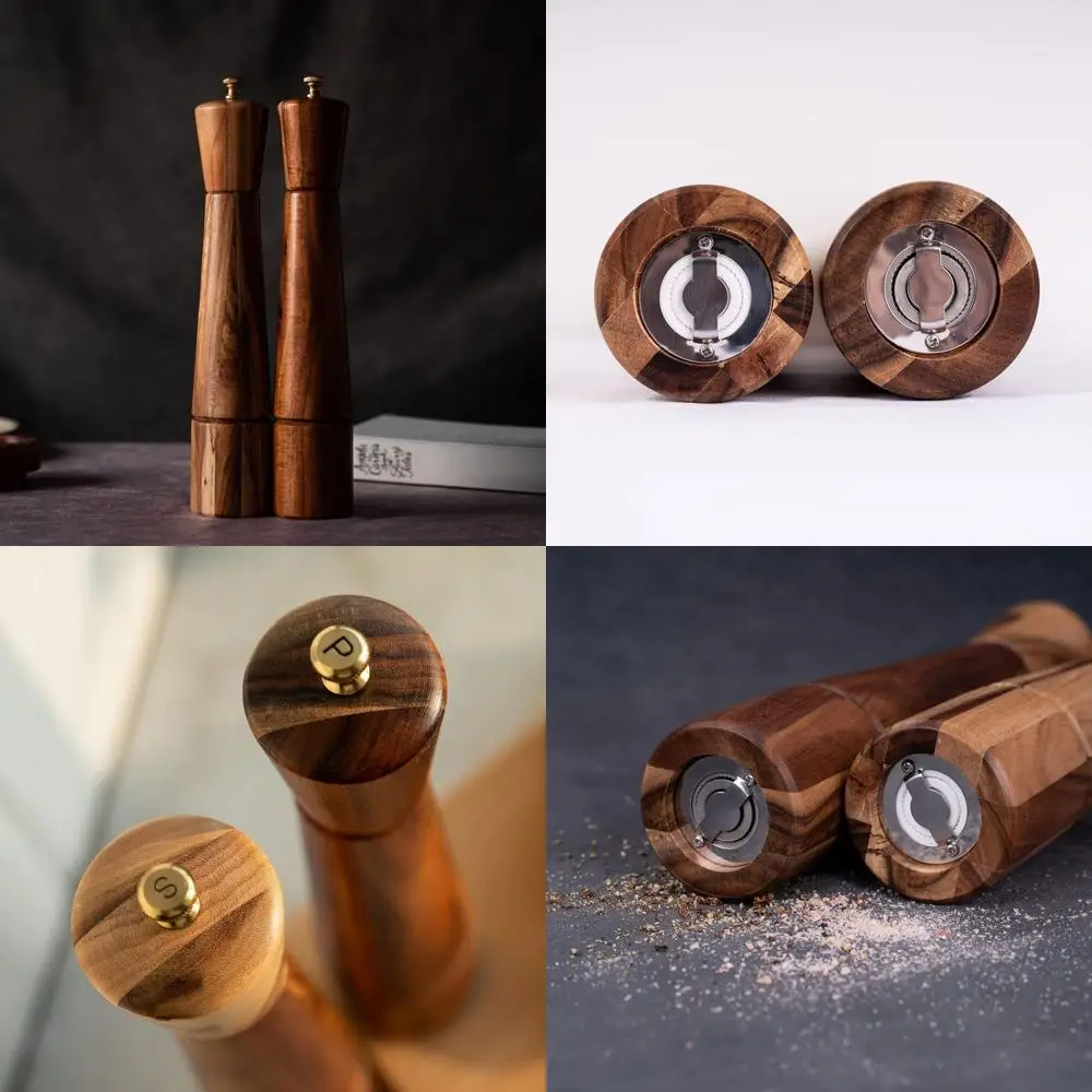 

Ceramic Salt & Pepper Grinders with Acacia Wood Stand, 32cm Tall, Stainless Steel, Adjustable, Tray Not Included