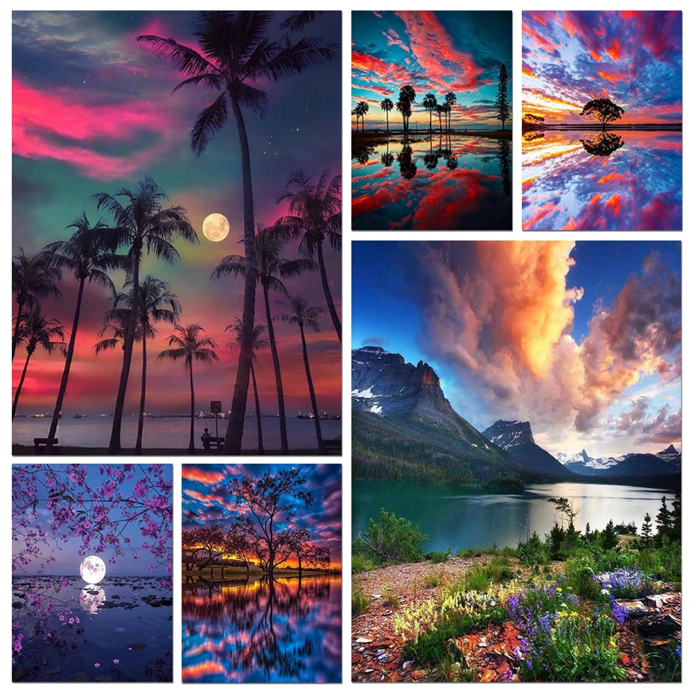 DIY 5D Diamond Painting Sunset Scenery Full Round Mosaic Landscape Picture Cross Stitch Kit Art Rhinestone Home Decor Gift