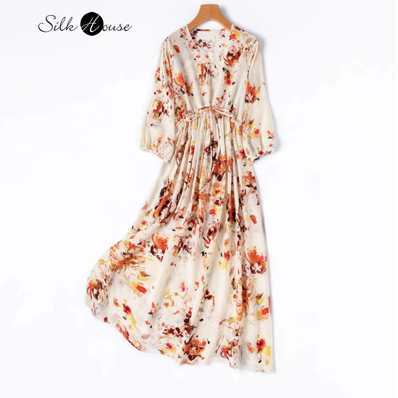 

Women's Casual Vacation Style 100% Natural Mulberry Silk Crepe De Chine V-neck High Waist Waist Drawstring Loose Ink Print Dress