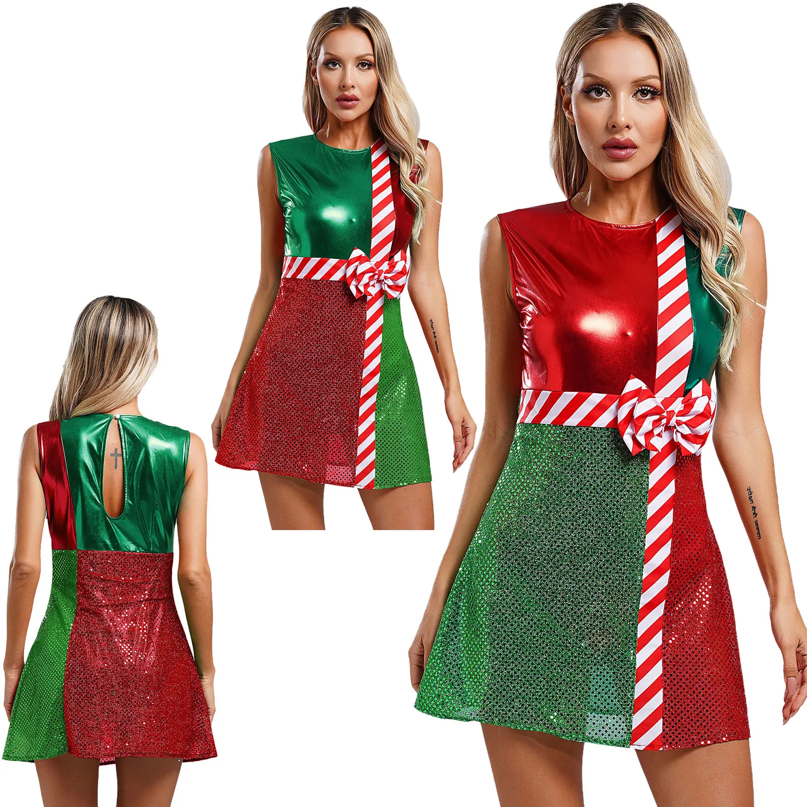 Frauen Weihnachten Mrs Santa Kostüm Pailletten Bowknot Ballett Skating Trikot Kleid Karneval Festival Urlaub Weihnachten Party Dress Up