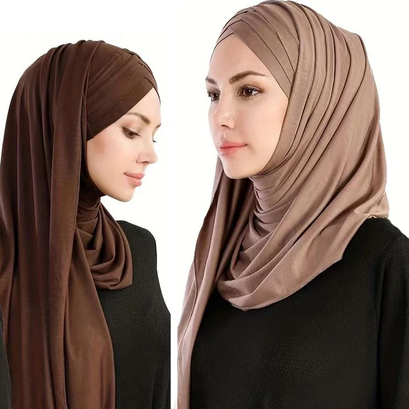 Jilbab instan syal Muslim untuk wanita katun Jersey selendang Turban siap pakai syal kepala