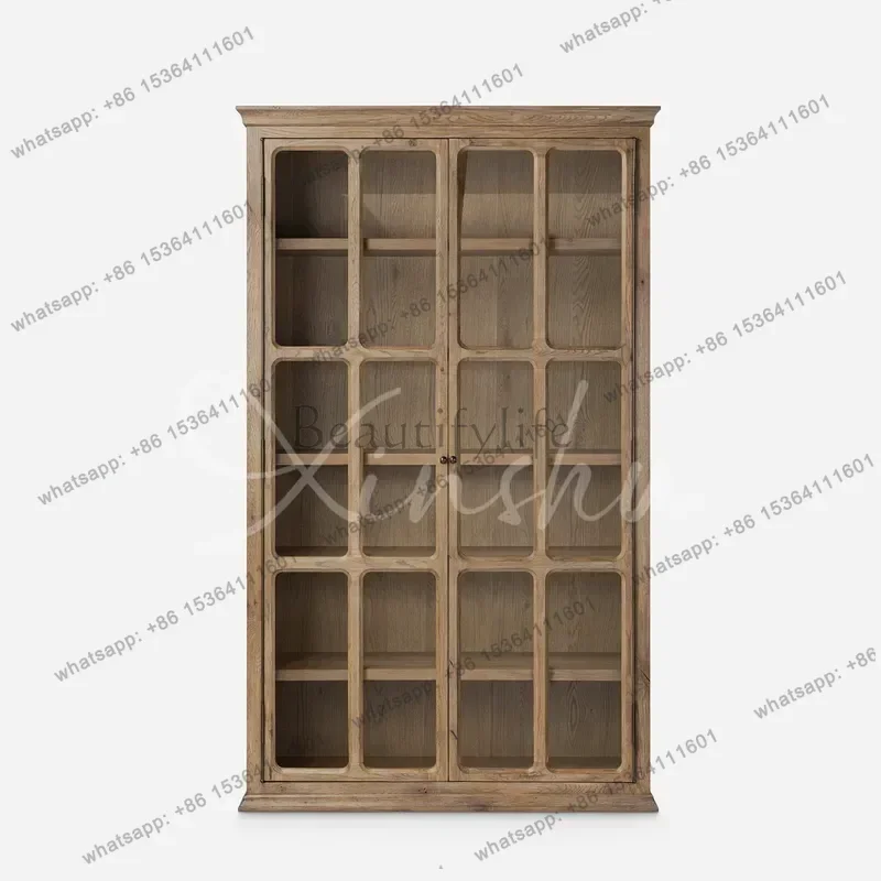 Solid Wood Bookcase Large Living Room Display Cabinet Retro Study Wall Shelf Glass Door Storage Unit for Home Office