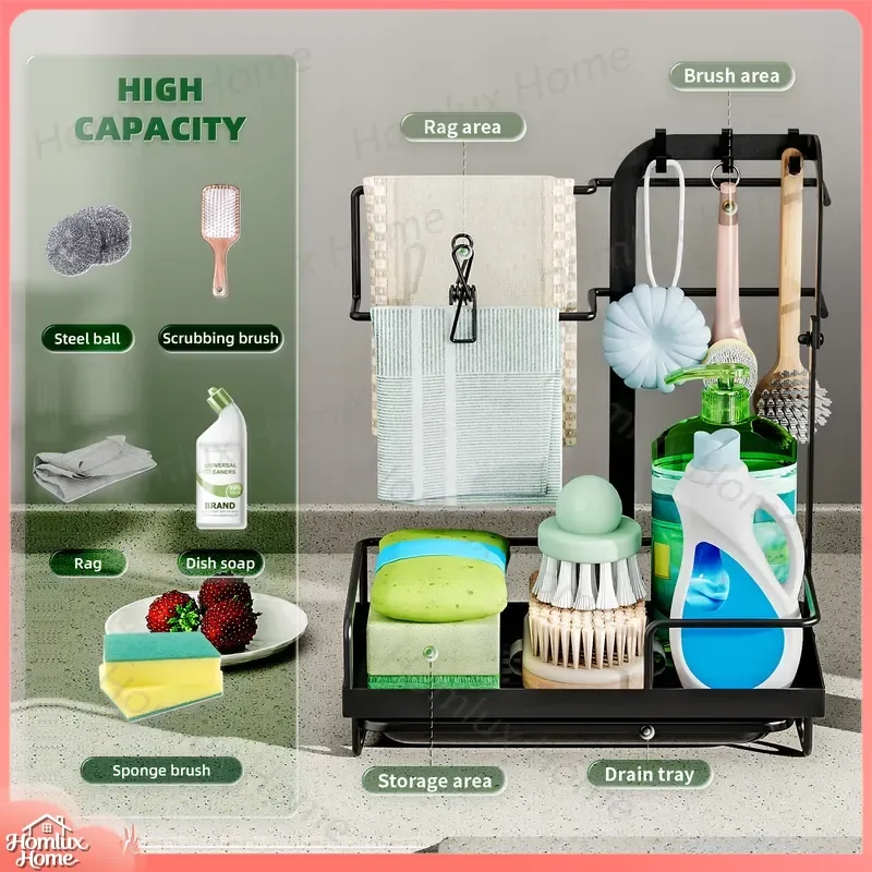 Kitchen Sponge Rack Rod Shelf Towel Drying Rack Countertop Drain Storage Hanger Dishwasher Safe Bathroom Organizer Wall Mount