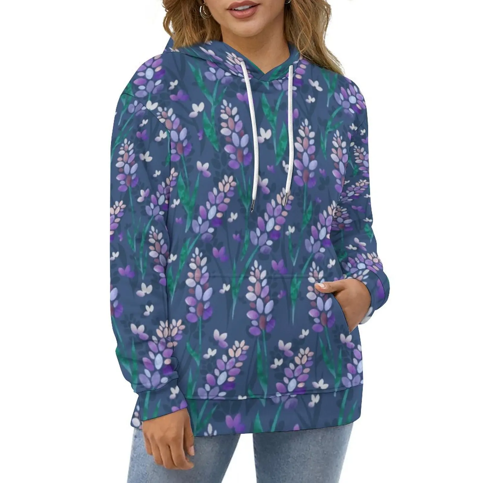 Lavender Fields Casual Hoodies Purple Floral Print Kawaii Custom Loose Hoodie Winter Long Sleeve Classic Oversized Tops