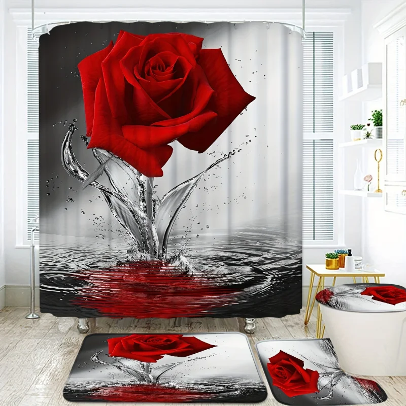 4PCs Red Rose Water printed set, waterproof shower curtain with 12 hooks, non-slip rug, toilet lid cover pad and