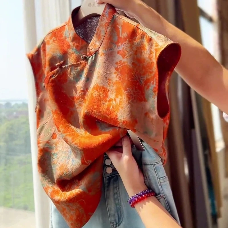 

Chinese Style Women's Blouses Korean Shirts FASHION Loose Spring/Summer Vintage Clothing Printed Sleeveless Women Tops
