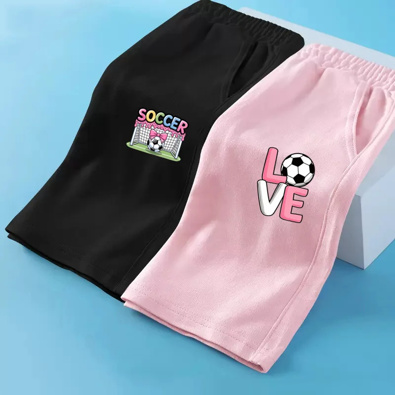 2026 Kinder Sommer Sweatshorts Fußball-Print Hosen Mädchen Baumwollshorts Elastischer Bund 3-14 Jahre