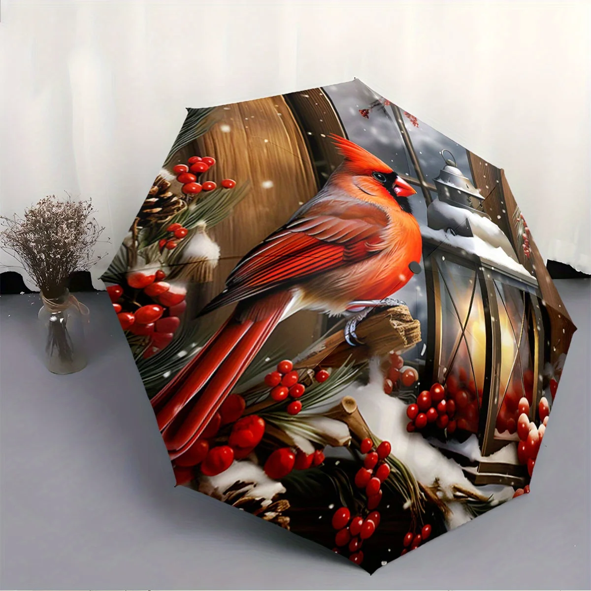 

Автоматический складной зонт. Кардинал сидит на заснеженной ветке с ягодами и фонариком. Портативная складная конструкция, повседневный стиль.