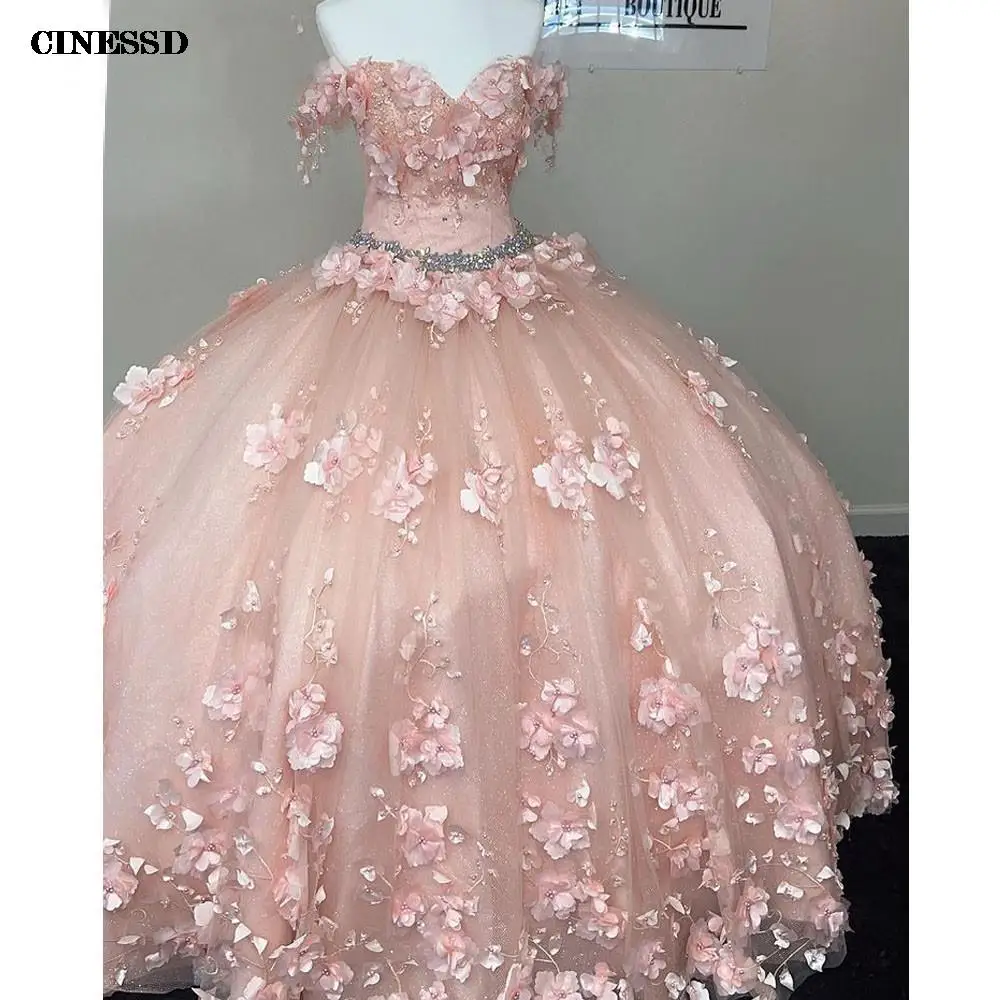 

2022 Pink Quinceanera Dresses 3D Flowers Off The Shoulder Sweet 15 Prom Party Gowns Lace Sparkling Puffy Color Dress For Formal